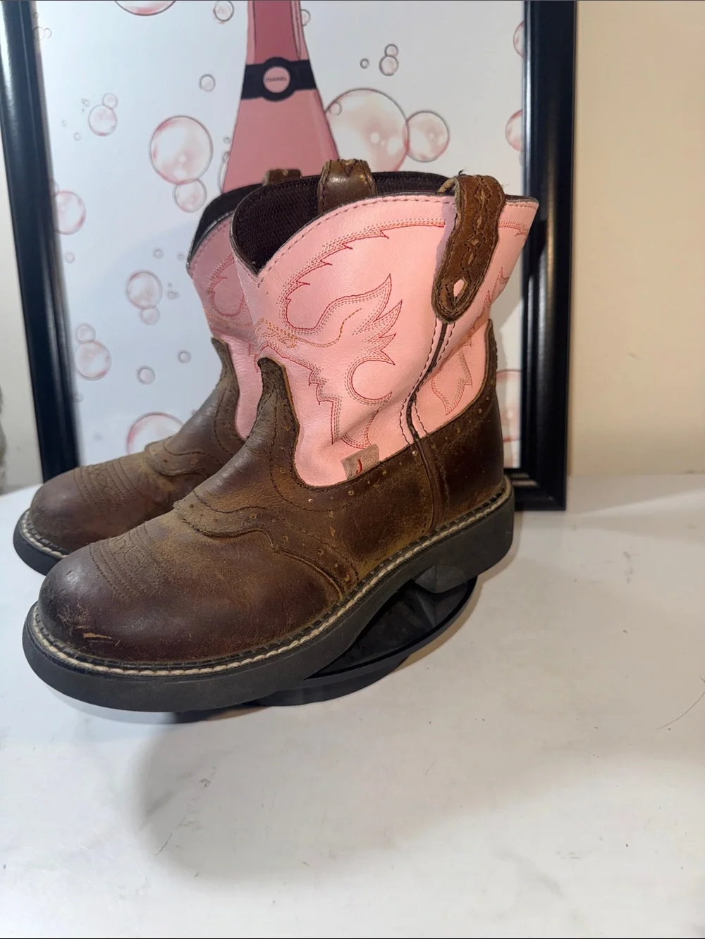 Justin Gypsy Girls Pink Shaft Brown Leather Western Cowboy Boots - Size 3D